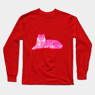 Pink Tiger Sitting on Red Background Long Sleeve T-Shirt